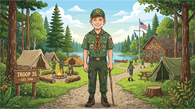 Boy scout in green uniform at summer camp, troop 35 youth camping in forest, scout leader at wilderness campsite with tents and lake