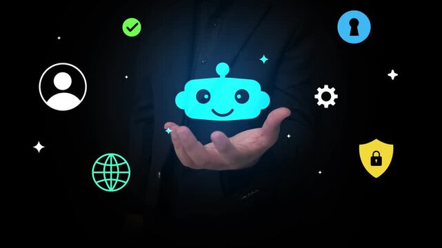 Hand holding smiling robot surrounded by digital symbols representing technology, security, and communication on dark background, 4k