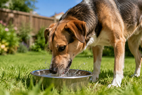 Dog drinking water from metal bowl in backyard, pet hydration and thirst