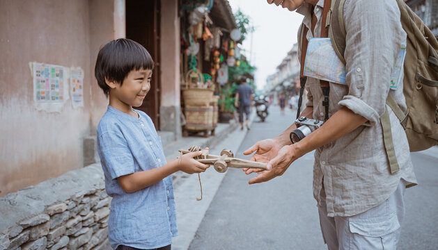 Child Joyfully Receiving a Wooden Toy from an Adult on a Street