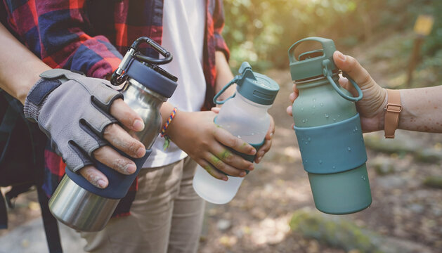 Group of Friends Holding Water Bottles During Outdoor Hiking Adventure