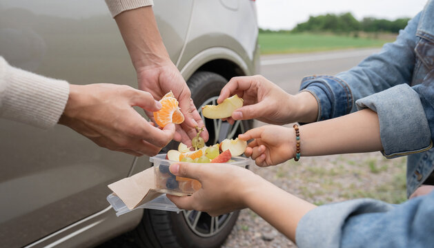 Sharing Fresh Fruit Snacks During a Road Trip