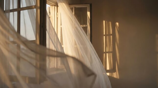 White sheer curtain blowing through open window with sunlight