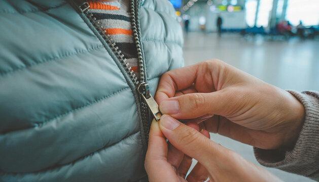 Person Helping to Zip Up a Light Blue Puffer Jacket