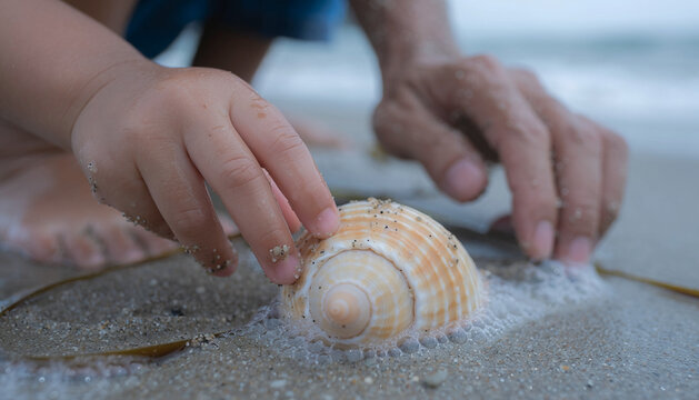 Child's Hand Reaching for a Seashell on the Beach
