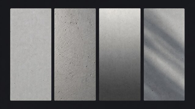 Set of 4 light concrete background variations side by side, neutral grey texture collection in four different light situations with copy space for poster, web hero and presentation design