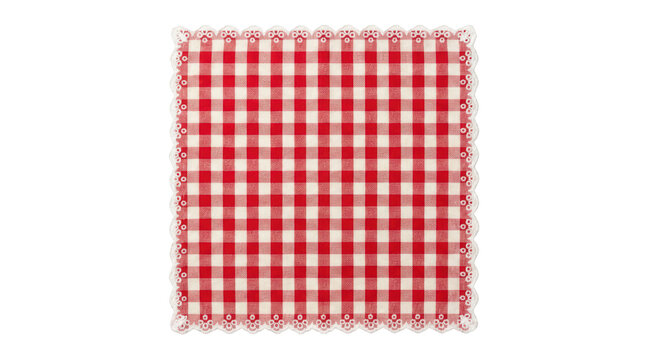 Red and white gingham napkin with decorative eyelet lace border isolated on transparent background