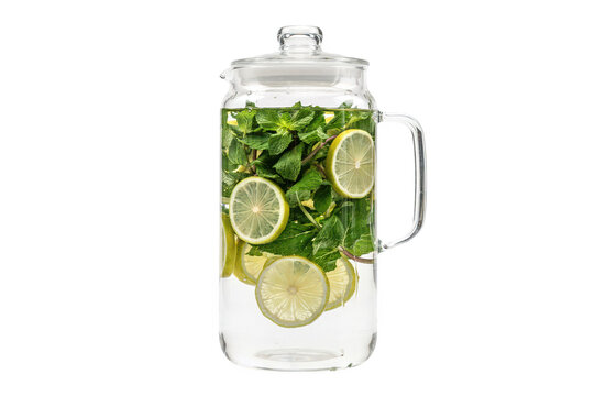 A tall glass pitcher containing water infused with fresh green mint leaves and thin slices of yellow lemon, isolated on a white background view