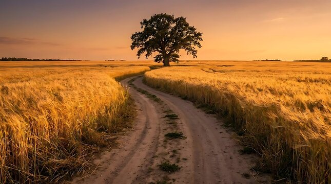 Winding dirt path through golden wheat field toward lone tree