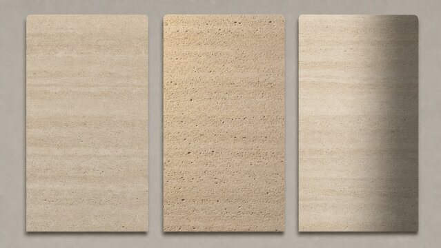 Set of 3 travertine stone background variations side by side, warm beige texture collection in three different light situations with copy space for poster, web hero and presentation design