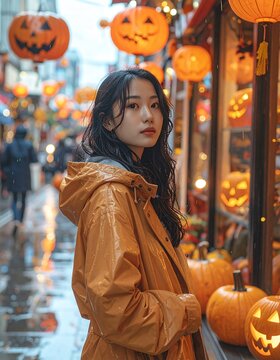 Young Woman in Raincoat Standing Outside a Halloween Decorated Storefront