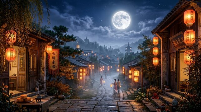 Lantern-lit Chinese village street under full moon with traditional houses and people
