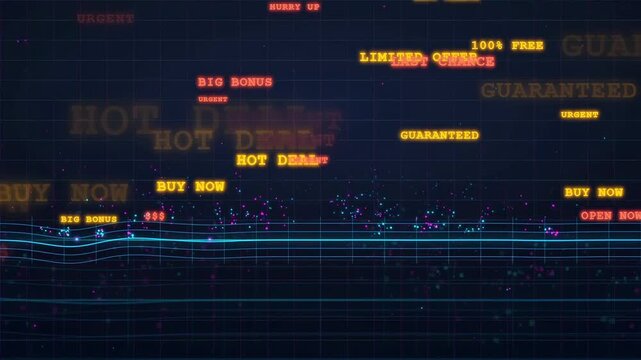 Digital abstract background with scrolling marketing text and glowing data lines on dark blue screen