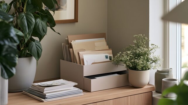 A neatly organized desk corner with potted plants  stacked papers  and a box holding envelopes and mail
