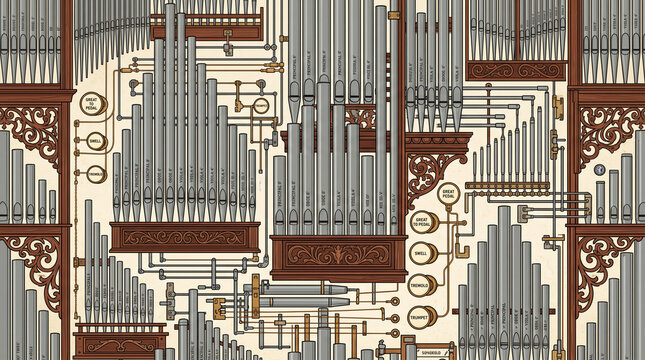 Vintage pipe organ instrument pattern featuring large vertical metal pipes and wooden architectural facade details musical instrument vintage architecture wood facade church organ musical