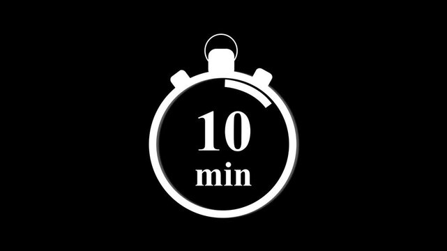 10 minute countdown timer for presentations and productivity tracking, minimalist white stopwatch on black background