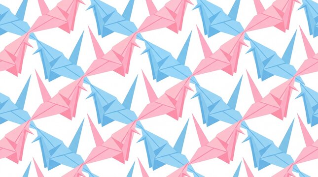 Seamless origami paper crane pattern in pastel pink and blue