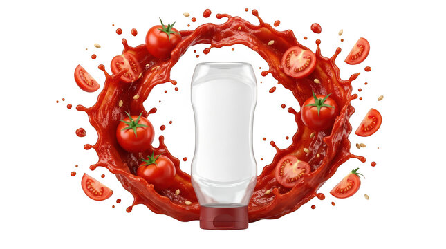 Empty ketchup bottle with tomato splash isolated on transparent background
