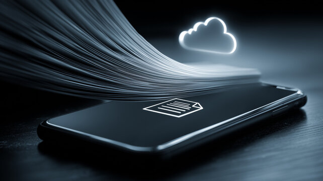 A smartphone beneath flowing documents and a cloud symbol represents digital document storage cloud access and paperless information management

