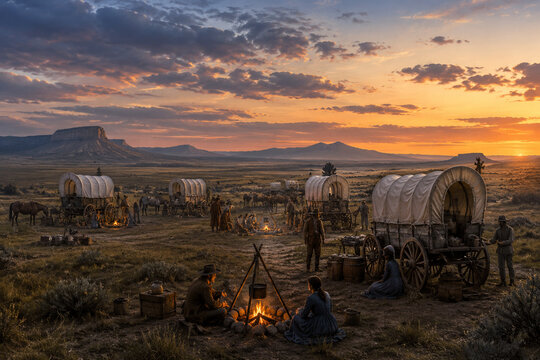 A covered wagon train establishing a temporary camp on a vast plain with flickering campfires at dusk.