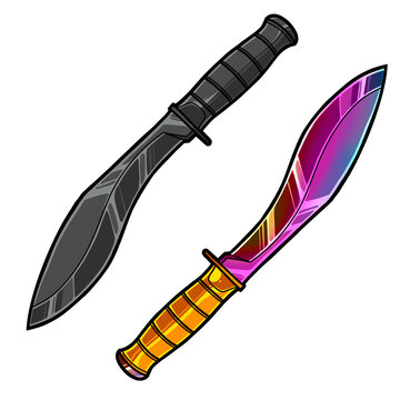 Kukri knife displayed in two curved blade designs with black and colorful variations, detailed bitmap illustration isolated on white background.