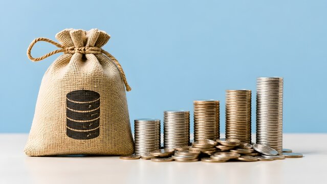 Money bag with server icon next to ascending stacks of silver coins. Concept of data monetization and digital economy growth.