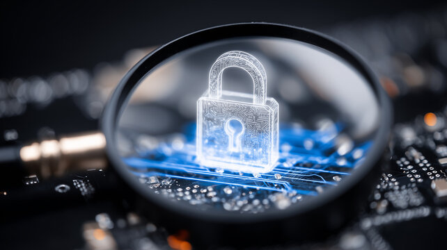 A magnifying glass examines a digital padlock on electronic circuitry representing cybersecurity inspection data protection and secure access
