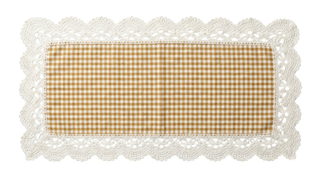 Rectangular table runner with brown gingham fabric and white lace border isolated on transparent background