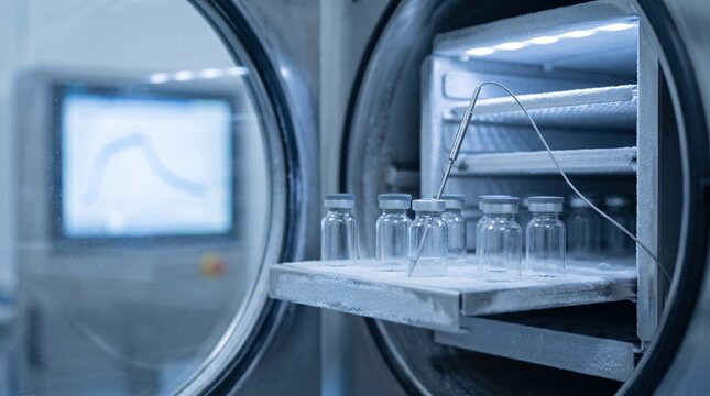 Glass vials inside a pharmaceutical freeze dryer machine for medical manufacturing process