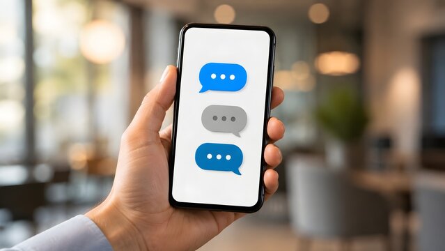 Hand holding a smartphone displaying blue and grey chat bubbles. Concept of mobile messaging app and digital communication.