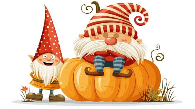 Cute cartoon adorable gnome with pumpkin, autumn on white background, flat design animation