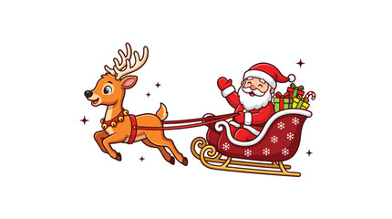 Fototapeta premium Cute Cartoon Santa Claus Riding a Sleigh Pulled by a Reindeer.