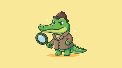 Obraz premium Cute Crocodile Detective Holding Magnifying Glass Cartoon Illustration.