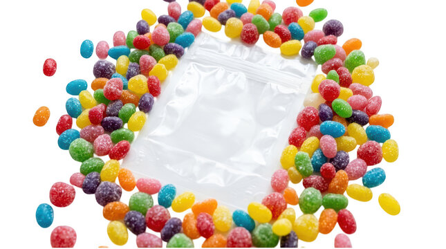 Empty plastic baggie surrounded by colorful jelly beans isolated on transparent background