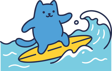 Naklejka premium Blue cat surfing on a yellow surfboard. Blue cat surfing on a yellow surfboard for summer themes