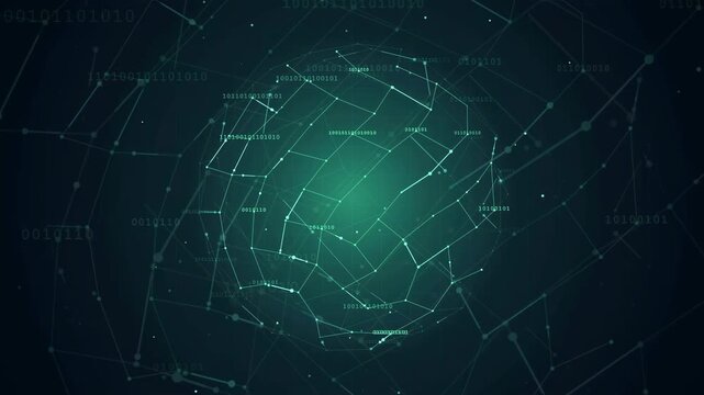 Abstract Digital Globe with Glowing Network Connections and Binary Code on Dark Blue Background