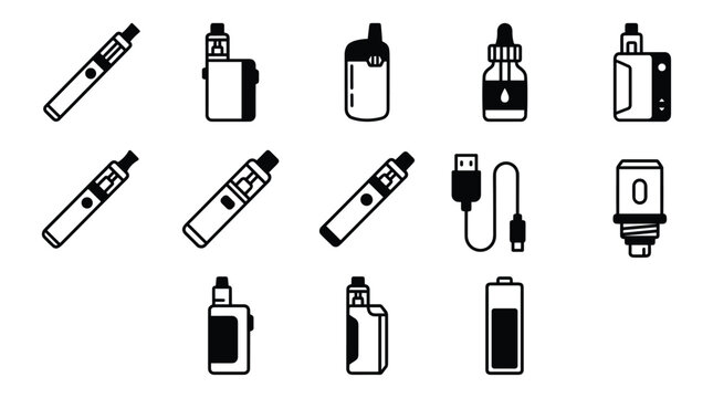 Electronic cigarette and vaping equipment icons. Electronic cigarette icons for web and mobile application interfaces