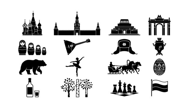 Russian Cultural Symbols and Landmarks Icon Set Featuring Saint Basil's Cathedral Kremlin Matryoshka and Bear