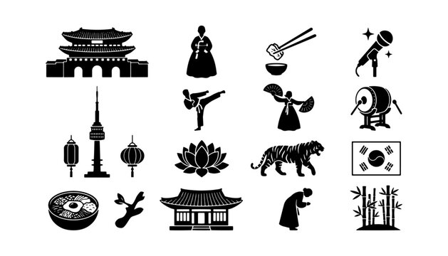South Korea Culture Icons Set Featuring Landmarks Traditional Food Hanbok Taekwondo Tiger and National Symbols