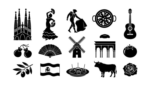 Set of black silhouette icons representing Spanish culture traditions landmarks food and national symbols