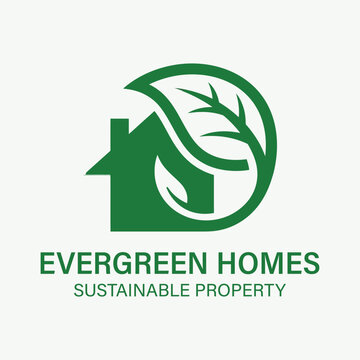 Evergreen Homes Sustainable Property logo with green house silhouette and leaf icon for eco-friendly housing.