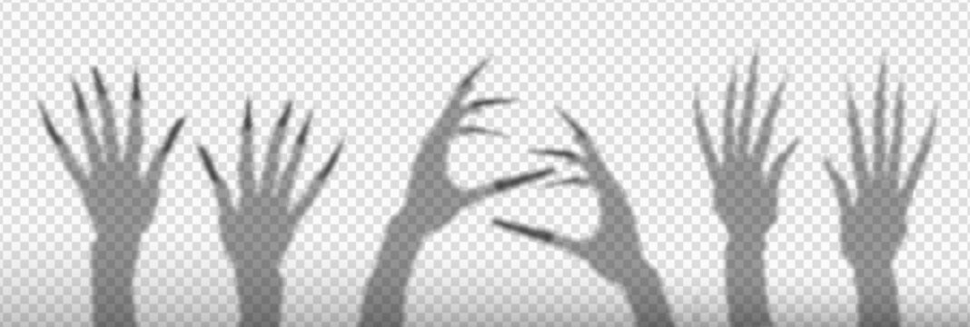 Halloween claw hand shadow overlay with long sharp nails. Vector set of soft blurred grey monster palm shadows isolated on transparent background for spooky window and wall decor