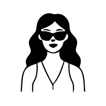 Stylish black and white line art illustration of a young woman wearing sunglasses with long wavy hair