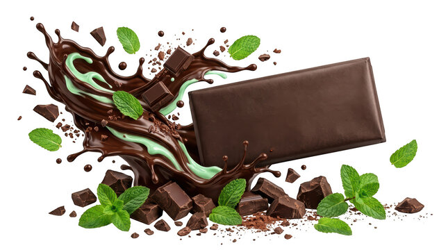 Chocolate bar with mint leaves and liquid chocolate splash isolated on transparent background