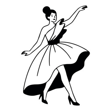 Stylish woman wearing a one-shoulder evening gown dancing and posing, black and white vector line art illustration