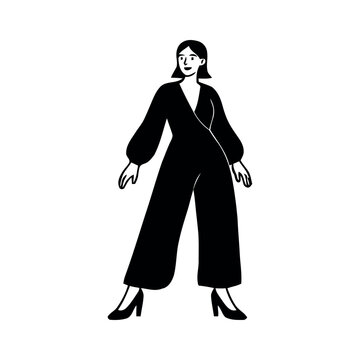 Fashionable woman in a stylish black jumpsuit and high heels, hand-drawn vector illustration on white background