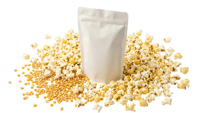 Blank white pouch with popcorn kernels and popped popcorn isolated on transparent background