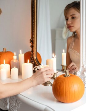 Woman lighting a candle on a Halloween mantelpiece with pumpkins and reflections in a mirror