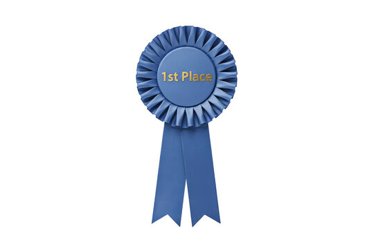 A blue fabric rosette with a central circular badge featuring the text 1st place in gold, featuring two long hanging ribbons, isolated
