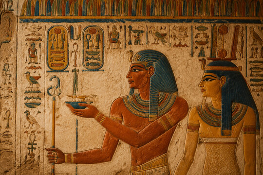Section of ancient Egyptian mural with clear hieroglyphs and vibrant colors on wall texture.
